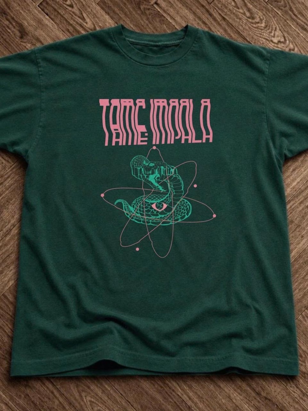 Gildan Dark Green Tee with Pink & Teal Graphic